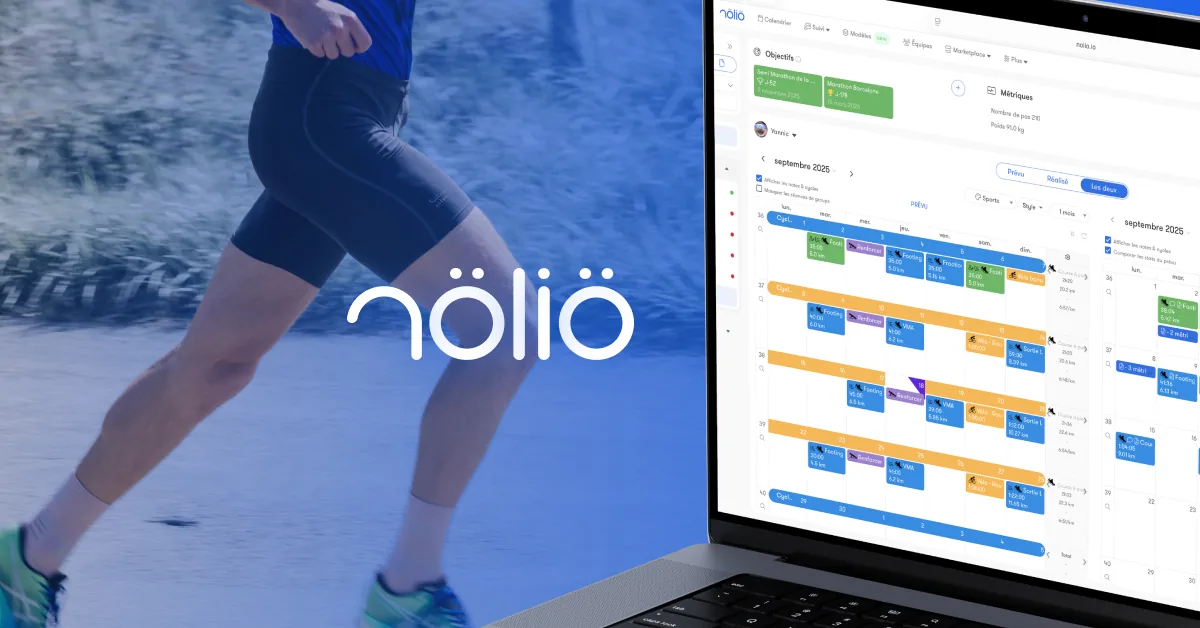 La plateforme Nolio ouverte sur un ordinateur portable, avec le calendrier d'entraînement mensuel