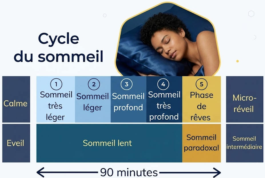 Infographie détaillée des cycles du sommeil de 90 minutes pour la récupération du sportif par Coach Jimmy, coach sportif à La Rochelle.